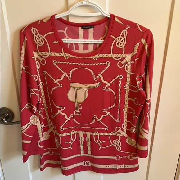 J. McLaughlin Red & Gold Equestrian Print Top, size M - Picture 1 of 5